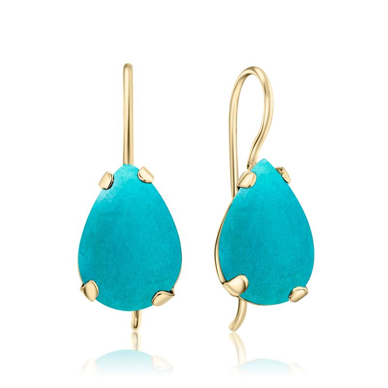 14K Yellow Gold Teardrop Turquoise 7X10mm Dangle Earrings, SHOP