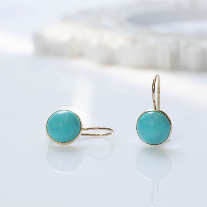 14K Gold Round 8mm Turquoise Dangle Earrings