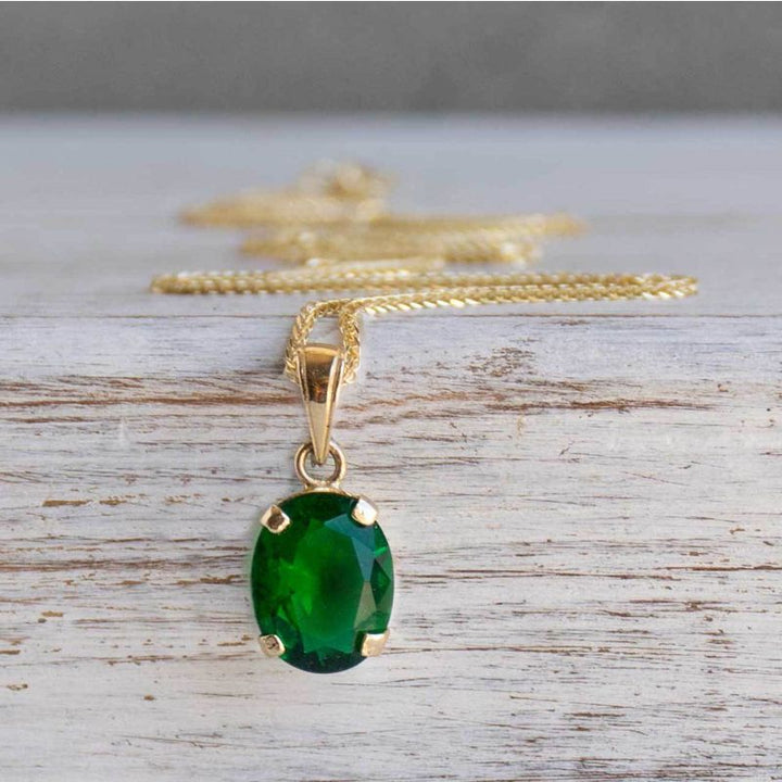 14K Yellow Gold 8x10mm Green CZ Oval Pendant