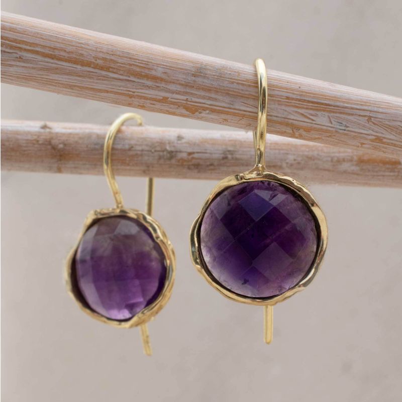 14K Yellow Gold Round Purple Amethyst 12mm Dangle Earrings