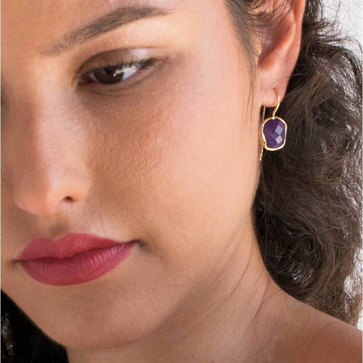 14K Yellow Gold Round Purple Amethyst 12mm Dangle Earrings