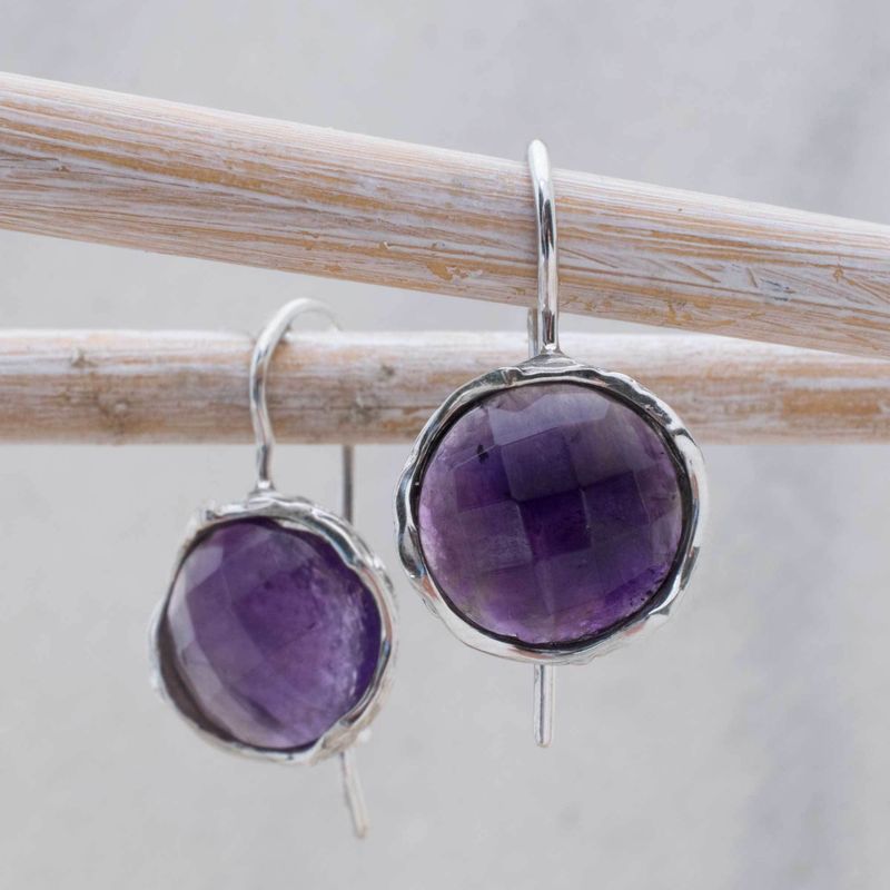 14K White Gold Round Purple Amethyst 12mm Dangle Earrings