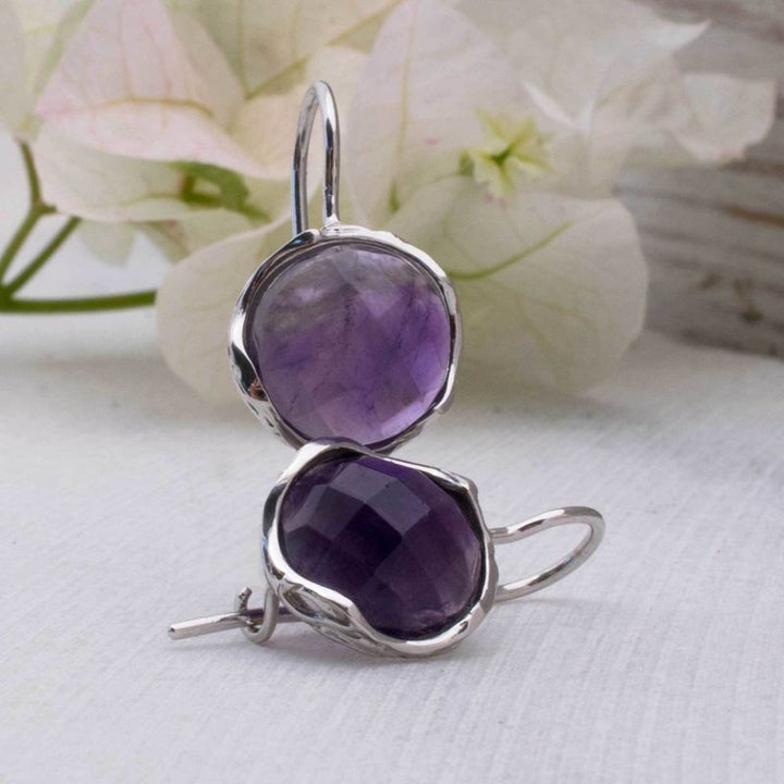 14K White Gold Round Purple Amethyst 12mm Dangle Earrings