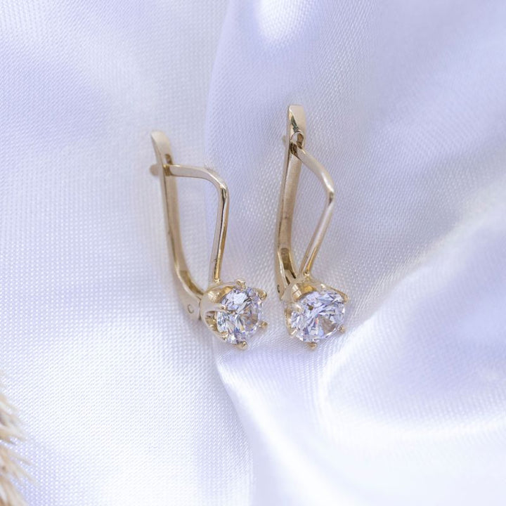 14K Yellow Gold Small White CZ Dangle Earrings