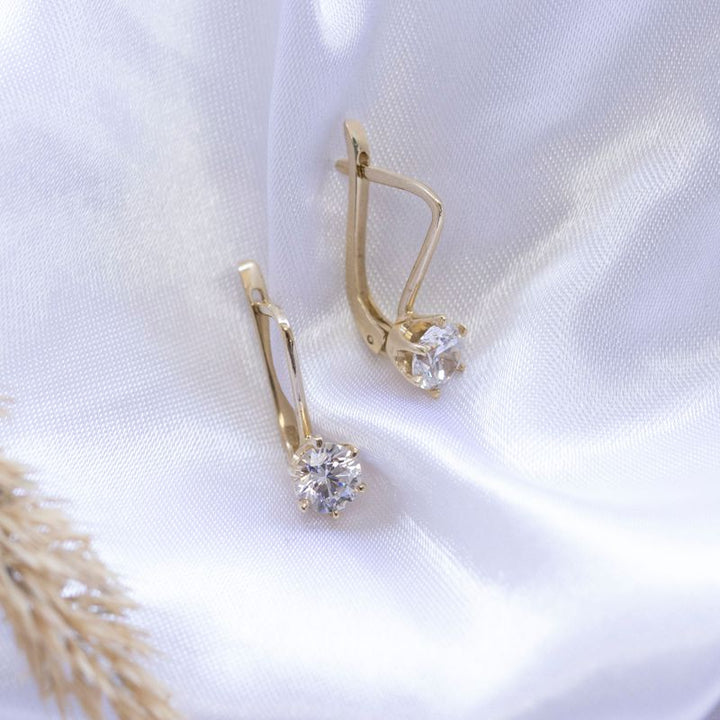 14K Yellow Gold Small White CZ Dangle Earrings