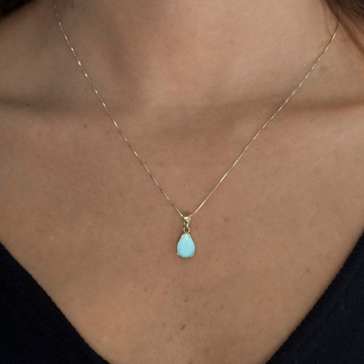 14K Yellow Gold Teardrop Turquoise Vencie Chain 7X10mm Pendant