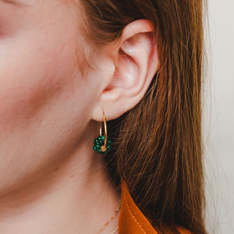 14K Gold Hoop Earrings with Malachite Beads