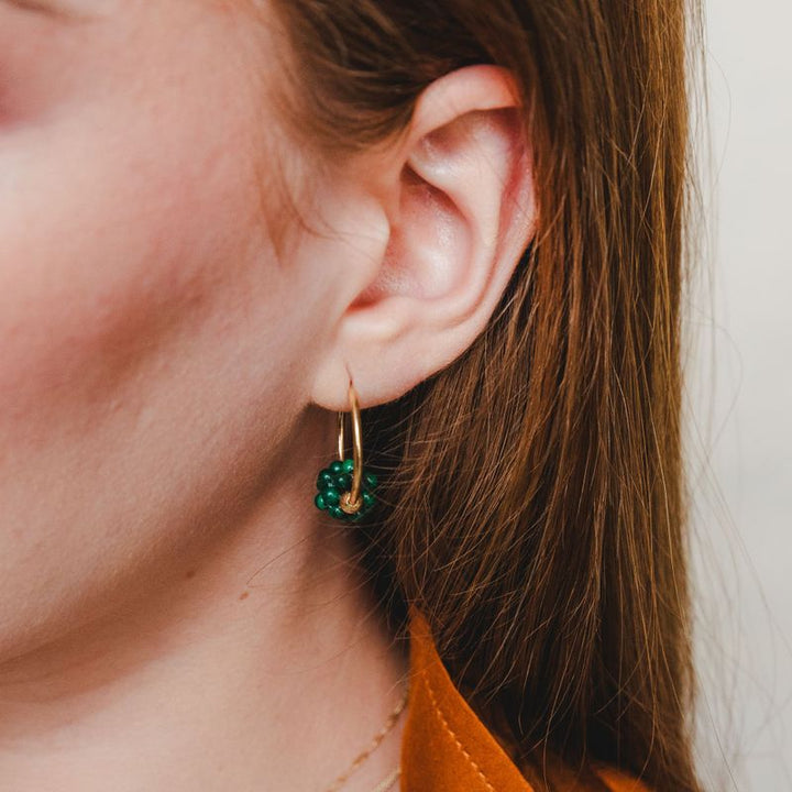 14K Gold Hoop Earrings with Malachite Beads