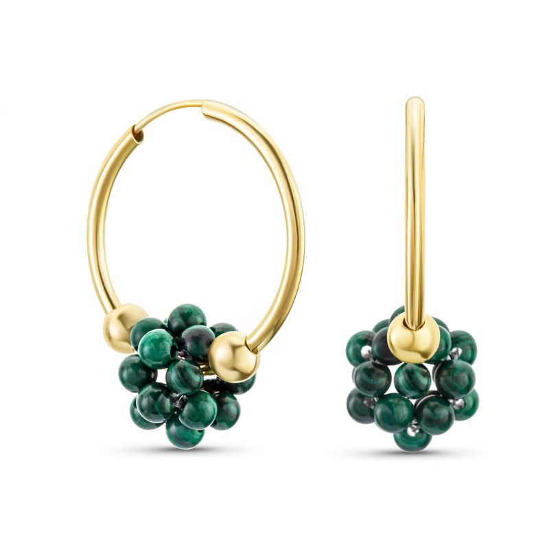 14K Gold Hoop Earrings with Malachite Beads