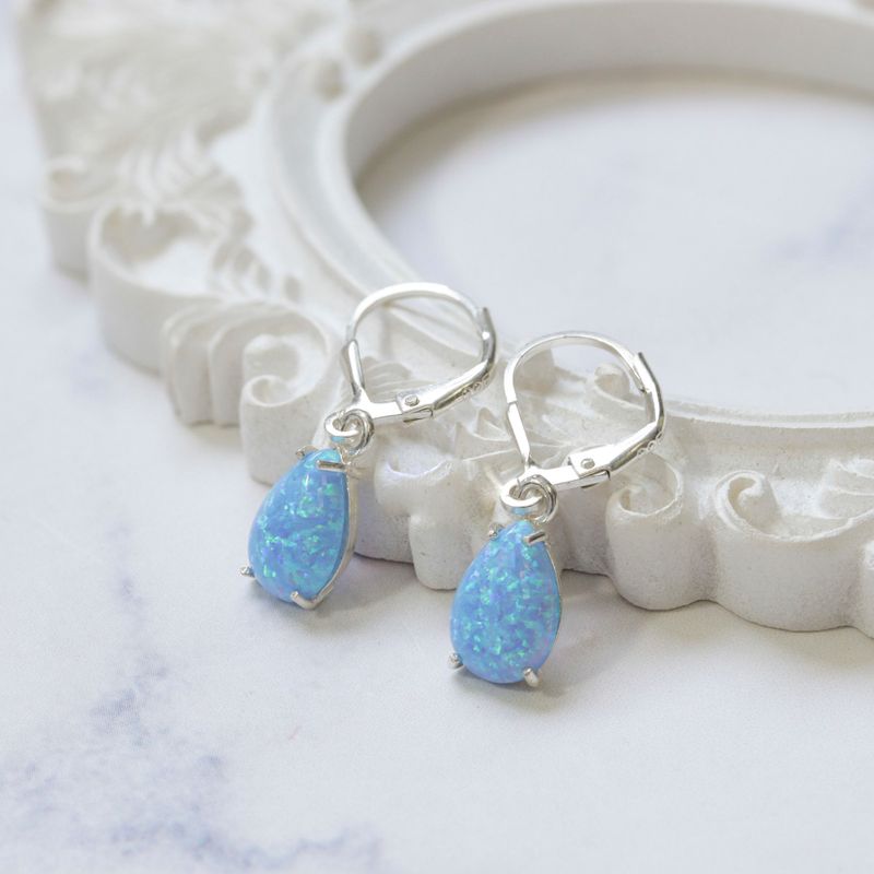 925 Silver Blue Opal Drop Earrings - October Birthstone, 7x10mm