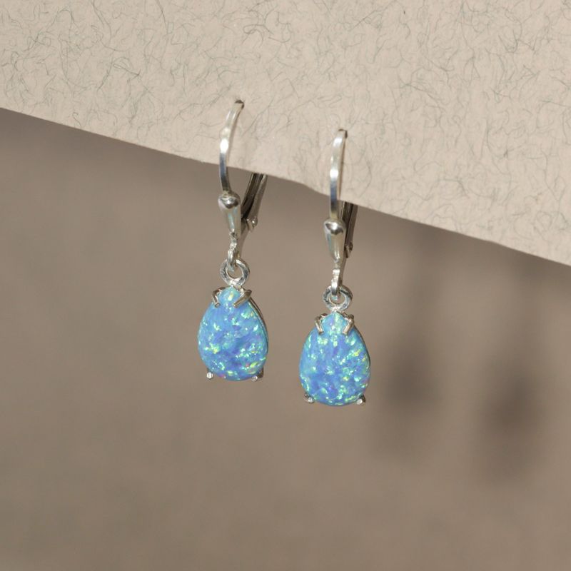 925 Silver Blue Opal Drop Earrings - October Birthstone, 7x10mm