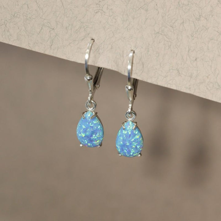 925 Silver Blue Opal Drop Earrings - October Birthstone, 7x10mm