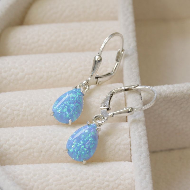 925 Silver Blue Opal Drop Earrings - October Birthstone, 7x10mm