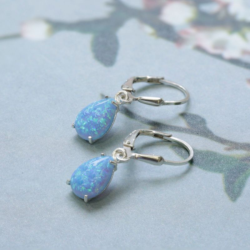 925 Silver Blue Opal Drop Earrings - October Birthstone, 7x10mm