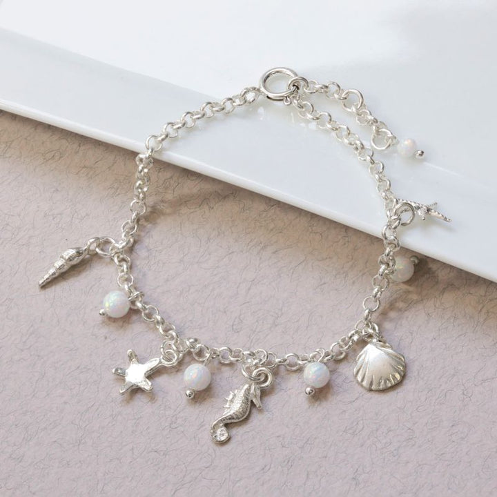 925 Silver Women's Bracelet, White Opal Charms - Handmade Gift