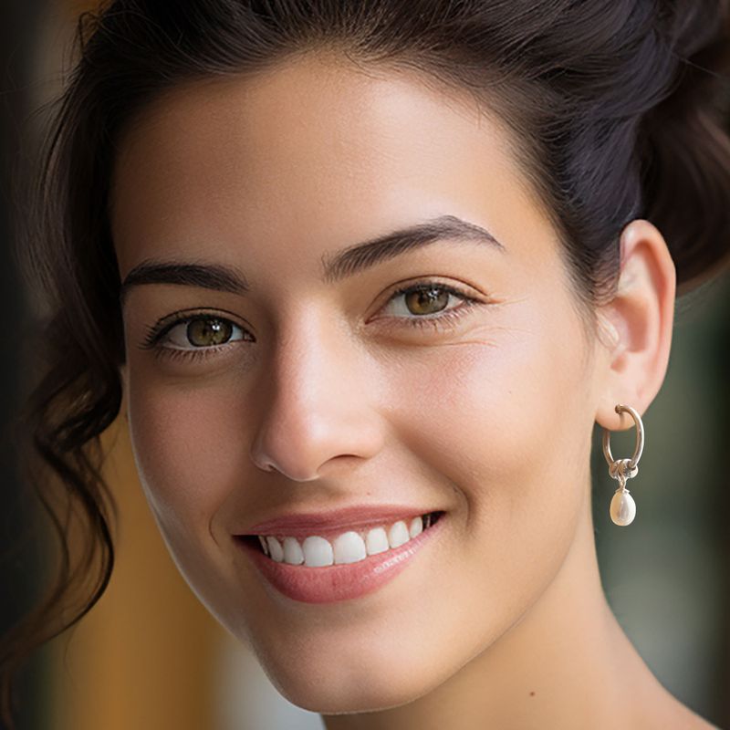 Silver Hoop Earrings with White Pearl Pear Cut