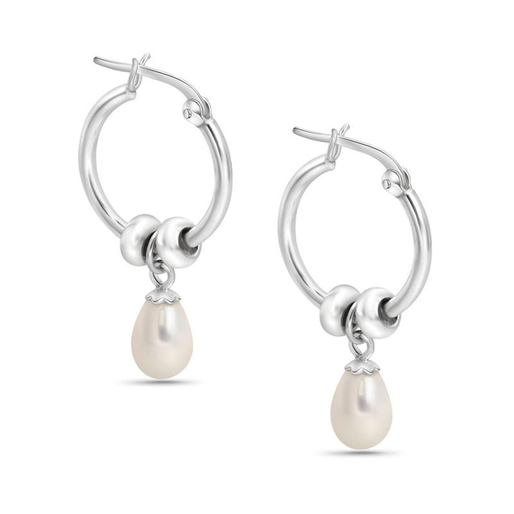 Silver Hoop Earrings with White Pearl Pear Cut