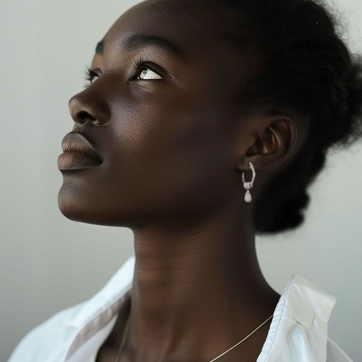 Silver Hoop Earrings with White Pearl Pear Cut