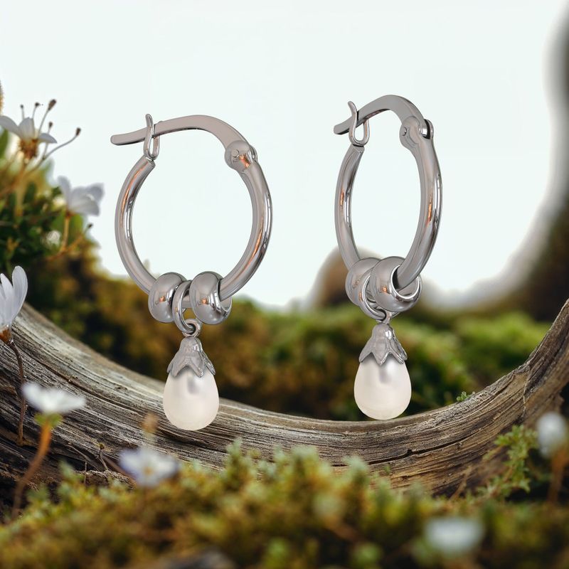 Silver Hoop Earrings with White Pearl Pear Cut