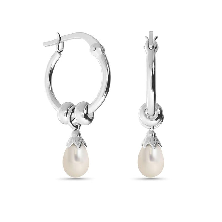 Silver Hoop Earrings with White Pearl Pear Cut