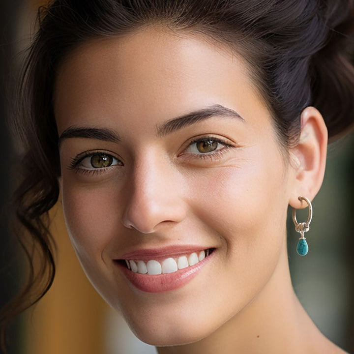 Silver Hoop Earrings with Turquoise Pear Cut