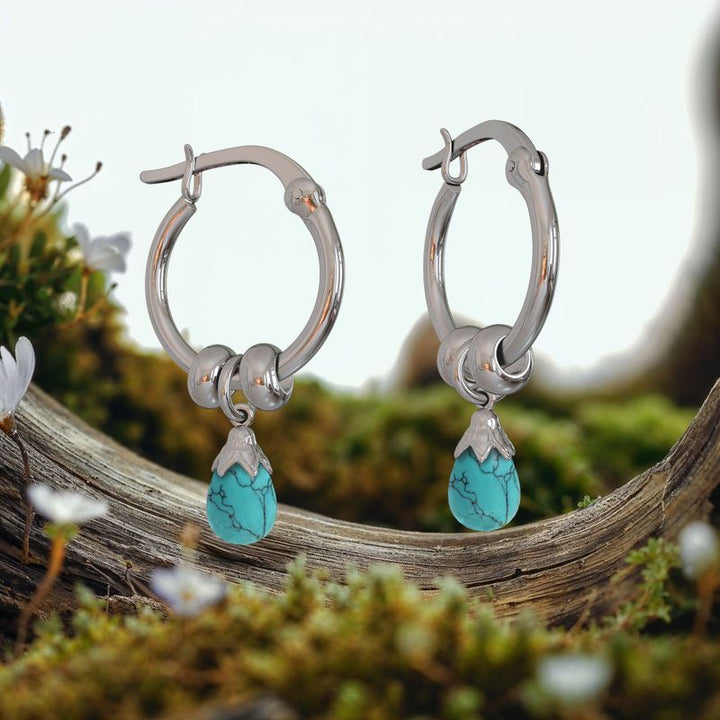 Silver Hoop Earrings with Turquoise Pear Cut