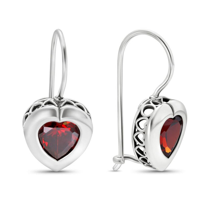 Silver Drop Earrings with 7-Facet Red Zirconia Heart