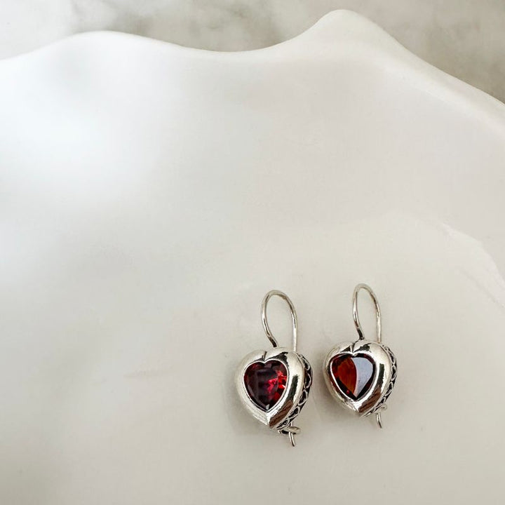 Silver Drop Earrings with 7-Facet Red Zirconia Heart