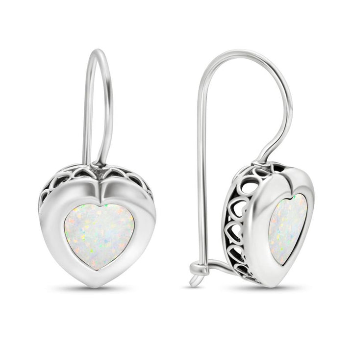 Silver Drop Earrings with 7-Facet White Opal Heart