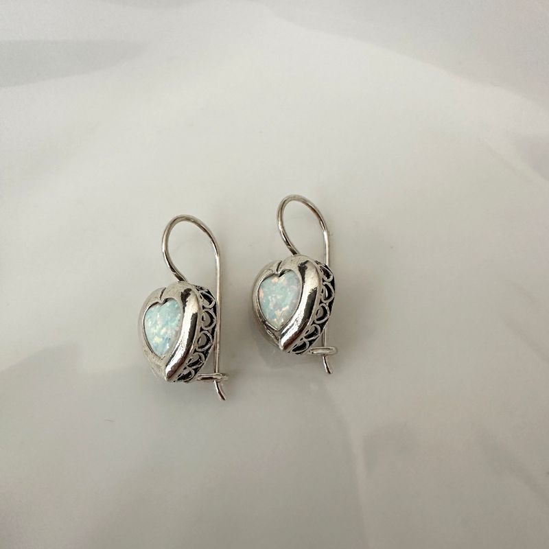 Silver Drop Earrings with 7-Facet White Opal Heart