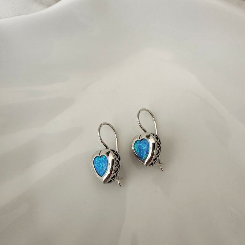 Silver Drop Earrings with 7-Facet Blue Opal Heart