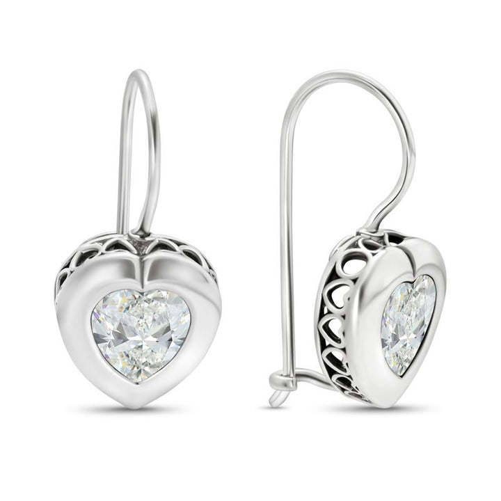 Silver Drop Earrings with 7-Facet White Zirconia Heart