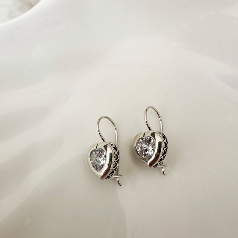 Silver Drop Earrings with 7-Facet White Zirconia Heart