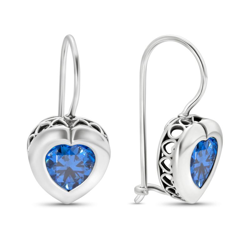 Silver Drop Earrings with 7-Facet Dark Blue Zirconia Heart