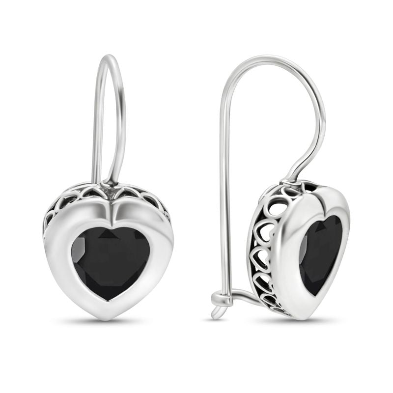 Silver Drop Earrings with 7-Facet Black Zirconia Heart