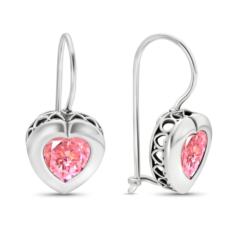 Silver Drop Earrings with 7-Facet Pink Zirconia Heart