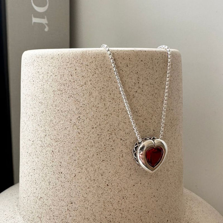 Silver Pendant with 7-Facet Red Zirconia Heart