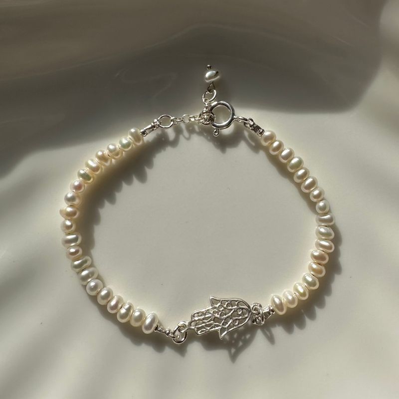 Silver Hamsa Bracelet with White Pearl Beads