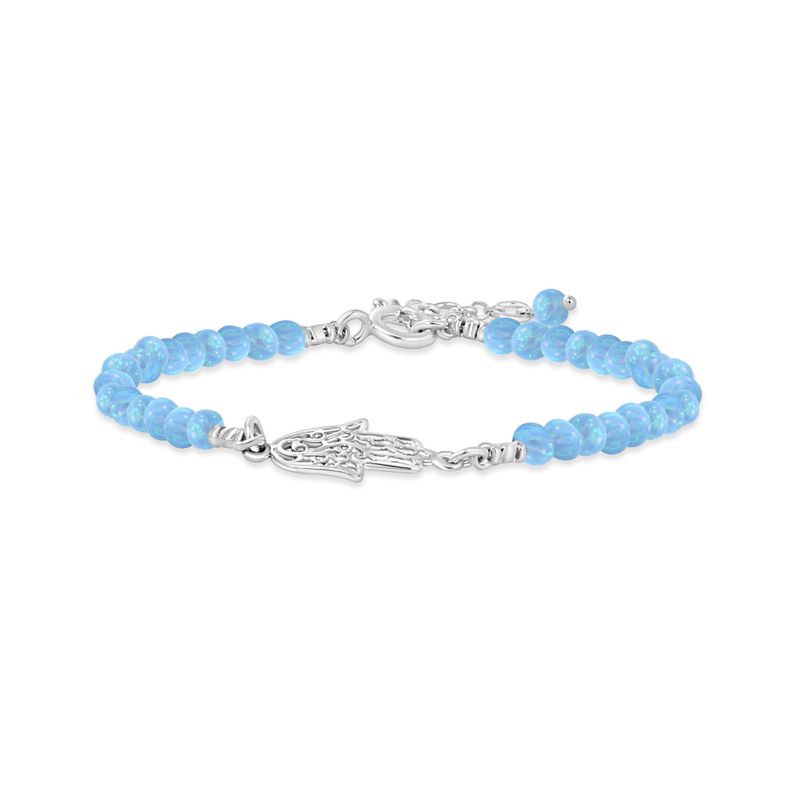 Silver Hamsa Bracelet with Blue Opal Beads