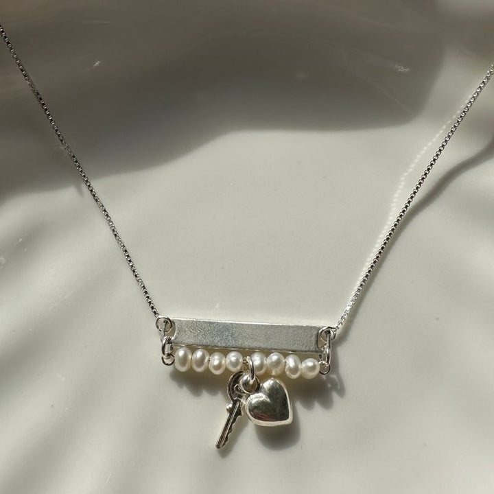 Silver Necklace with Engraving Plate, Box Chain, Heart, and Key Pendant