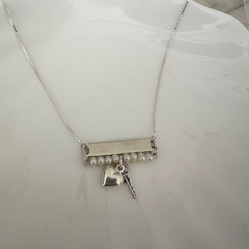 Silver Necklace with Engraving Plate, Box Chain, Heart, and Key Pendant