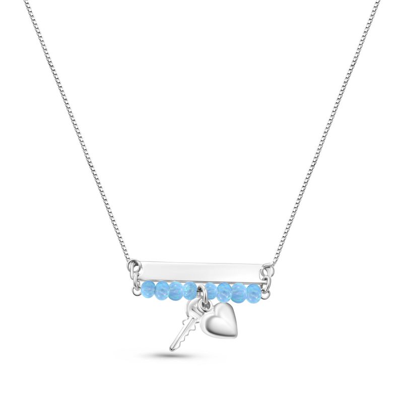 Silver Necklace with Engraving Plate and Blue Opal Heart Bead