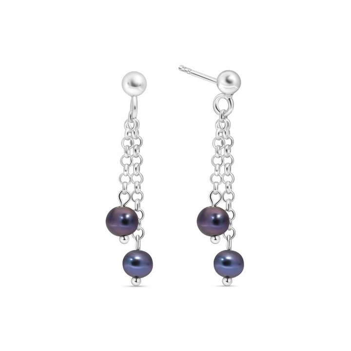 Silver Stud Earrings with Hanging Black Pearl Beads