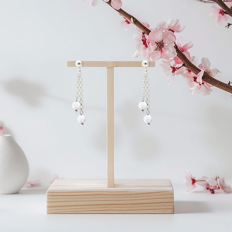 Silver Stud Earrings with Hanging White Opal Beads