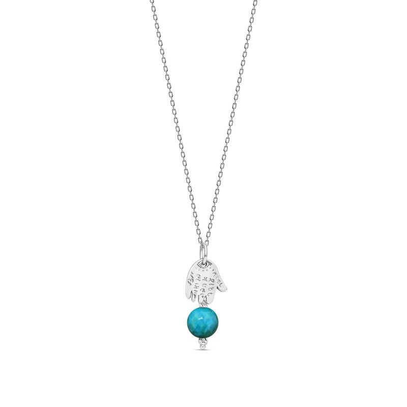 Silver Necklace with Hamsa and Turquoise Bead