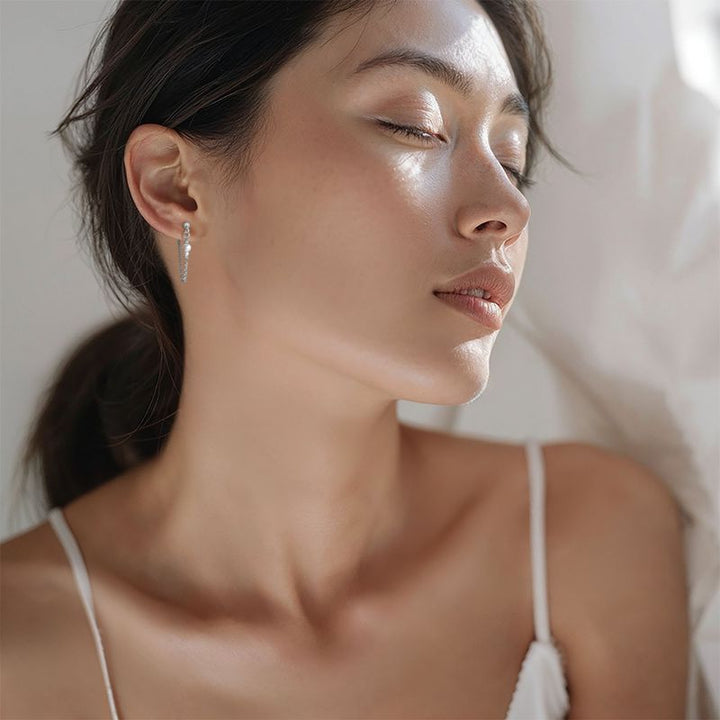 Silver Earrings with Falling Chain and White Pearl Beads