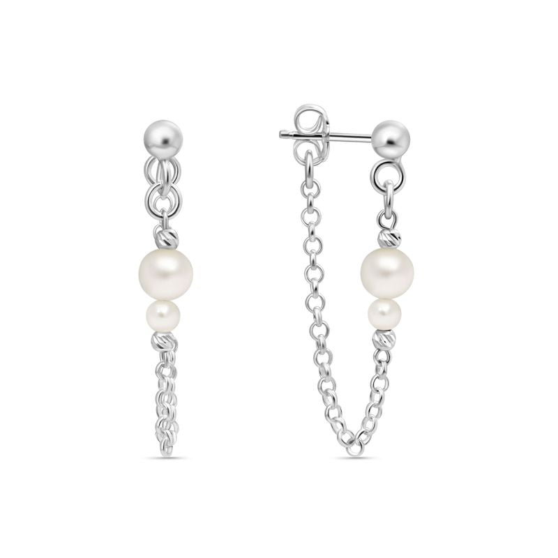 Silver Earrings with Falling Chain and White Pearl Beads