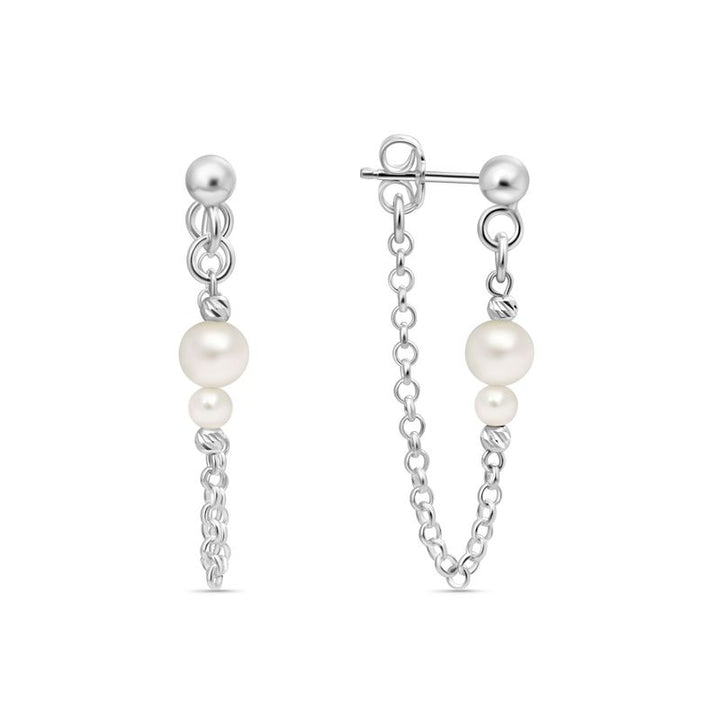 Silver Earrings with Falling Chain and White Pearl Beads