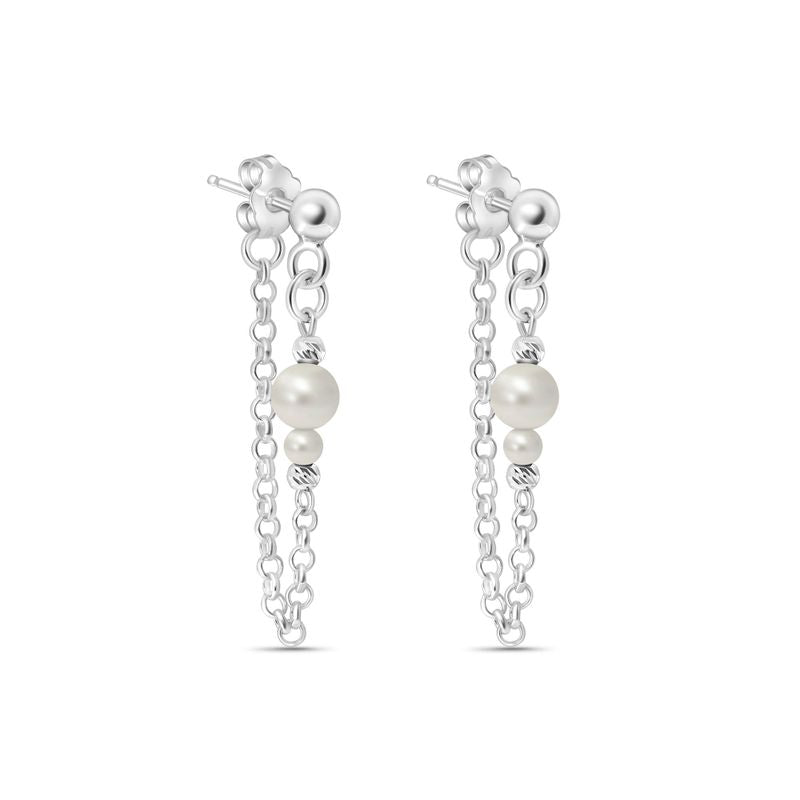 Silver Earrings with Falling Chain and White Pearl Beads