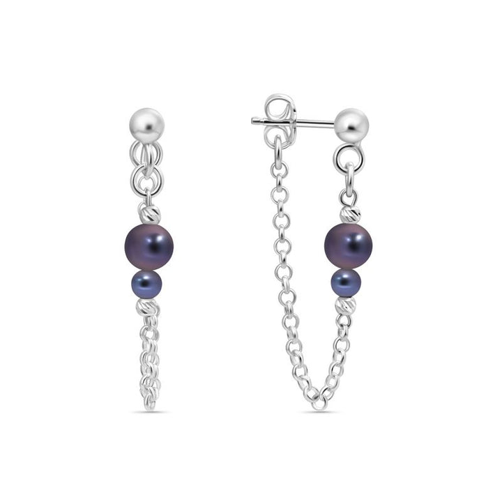 Silver Earrings with Falling Chain and Black Pearl Beads